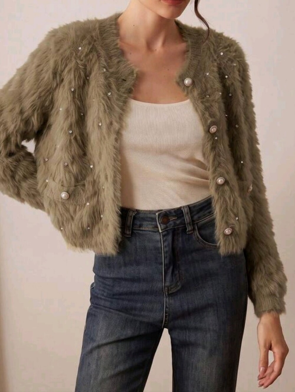 New Glam Rhinestone Faux Pearl Embellished Fluffy Knit Cardigan Sweater Tan